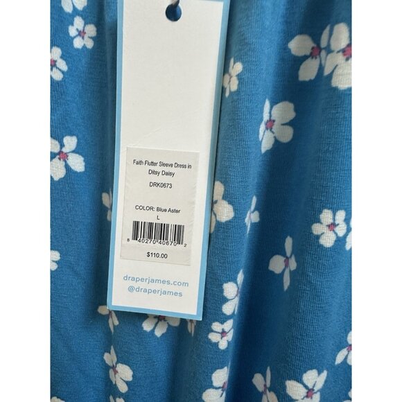 Draper James Faith Flutter Sleeve Dress Smocked Waist Blue Ditsy Floral Sz L NEW - Picture 6 of 9